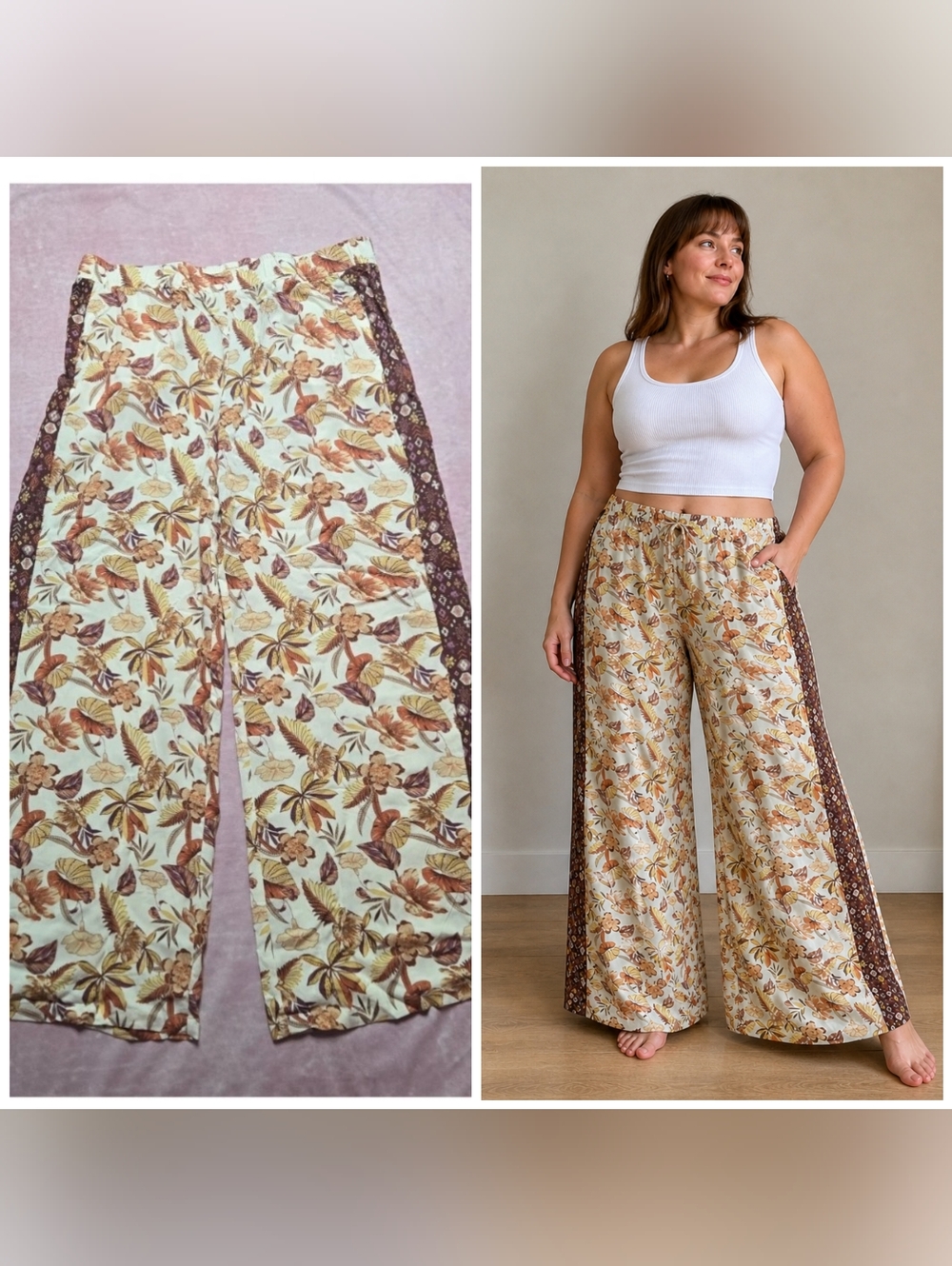 Cato Brown Floral Boho Wide-Leg Pull-On Palazzo Pants Size XL 36x31